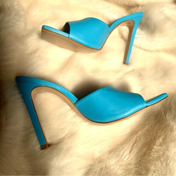 NEW Schutz Azure Blue Sandals Leather Walkable Heels Colorful Comfy Mules - Picture 8 of 10